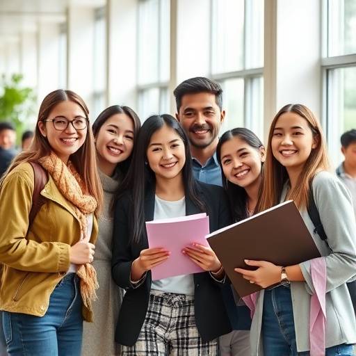 Des élèves souriants posant avec leurs professeurs après un examen réussi.