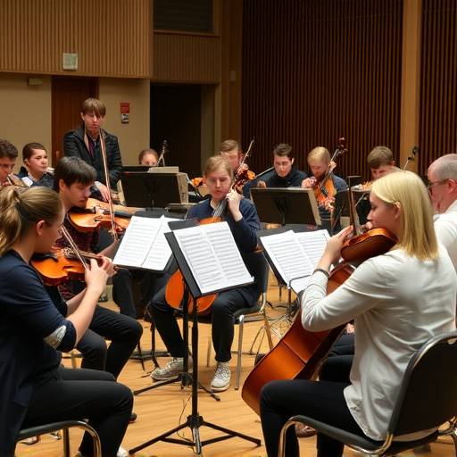 Plusieurs élèves participant à un atelier de musique d'ensemble, jouant ensemble sous la direction du chef d'orchestre.