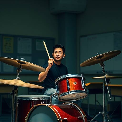 Un batteur jouant de la batterie dans une salle de cours.