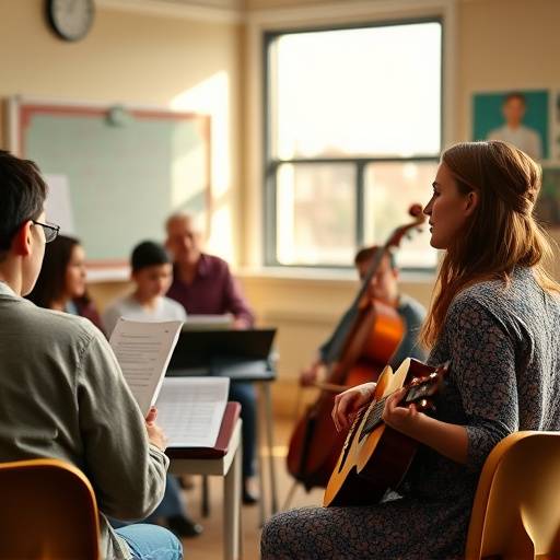 Un groupe d'élèves suivant un cours de solfège avec leur professeur, Marie Dupont.