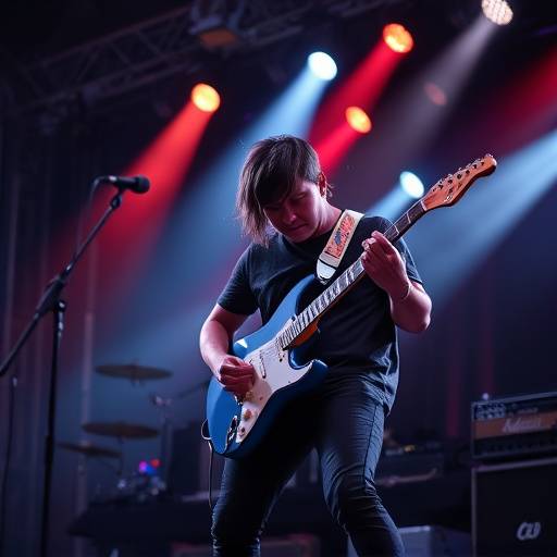 Un guitariste jouant de la guitare électrique sur scène, éclairé par des projecteurs.