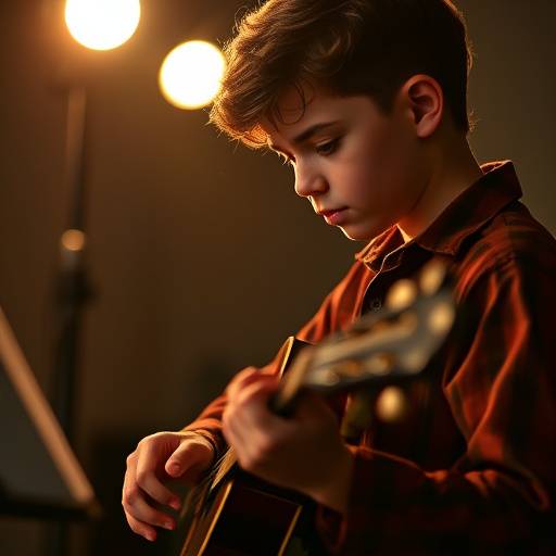 Un jeune musicien pratiquant assidûment, symbolisant la dévotion à l'amélioration musicale.