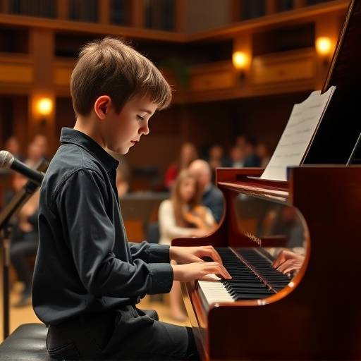Un jeune élève jouant du piano lors d'un récital à l'Académie de Musique Étoile.