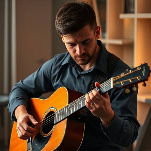 Un professeur de guitare, Julien Bernard, enseignant les accords de base à un débutant.