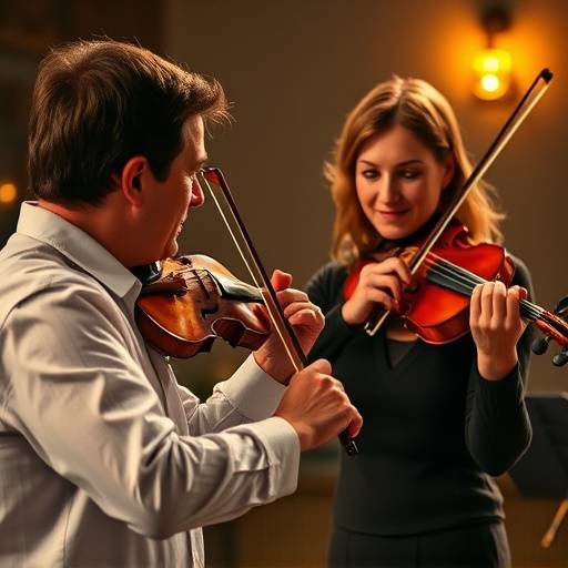 Un professeur enseignant le violon à un étudiant.