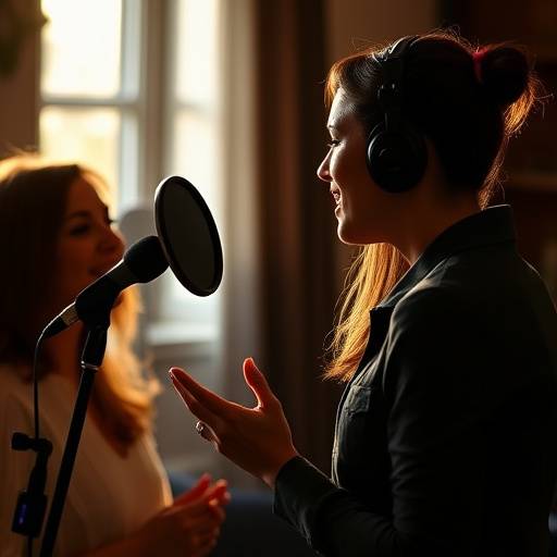 Une chanteuse en train de s'échauffer la voix avec son professeur.