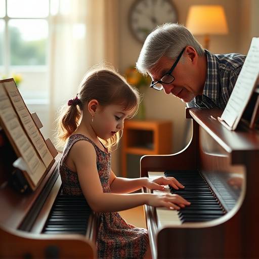 Une jeune fille apprenant à jouer du piano avec un professeur bienveillant.