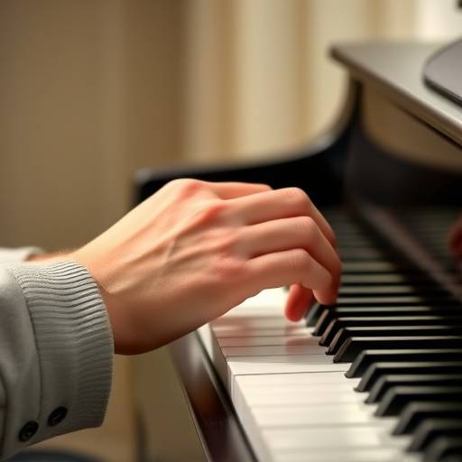 Une main jouant un accord sur un piano, symbolisant l'apprentissage.