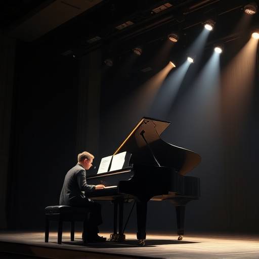 Une pianiste jouant sur scène lors d'une audition, éclairée par les projecteurs.