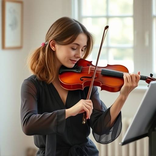 Une professeure de violon, Chloé Lefèvre, donnant une leäon individuelle à un élève.