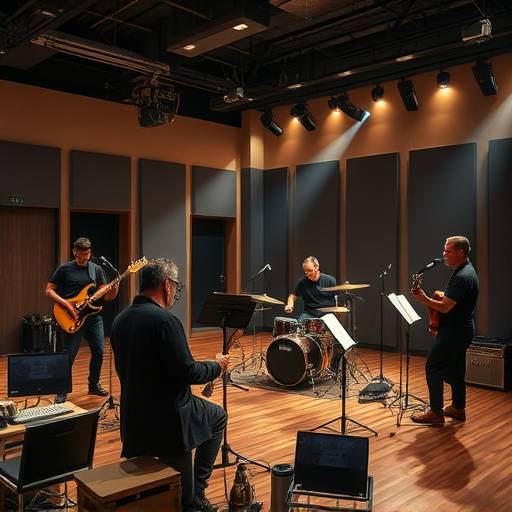 Une salle de répétition animée avec des musiciens répétant pour un prochain spectacle.